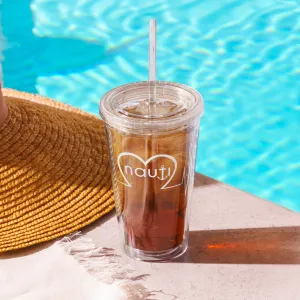 16 oz. Clear plastic tumbler with white Nauti Heartbeat logo
