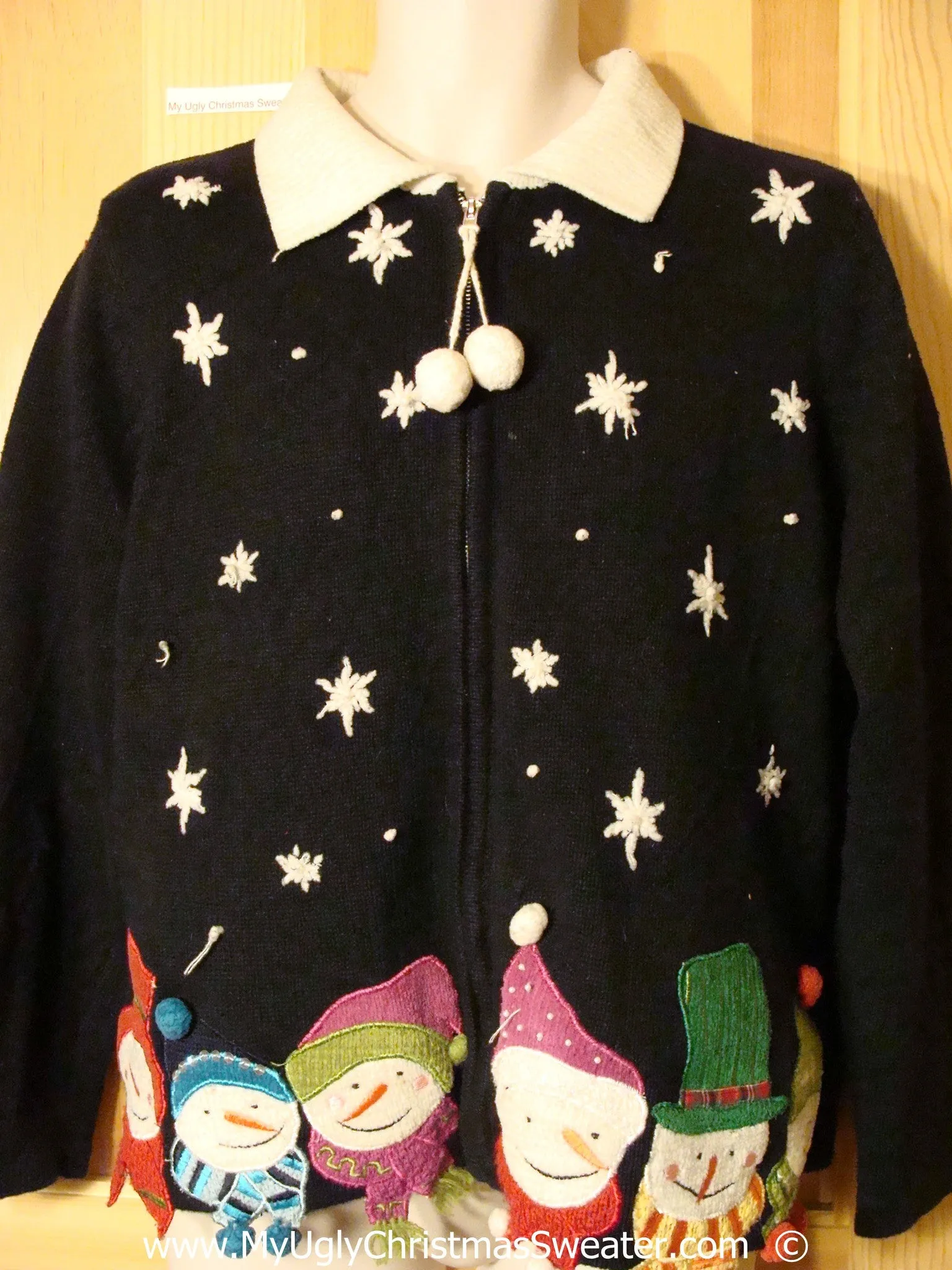 Black Festive Christmas Sweater with Pom Pom Zip Pull