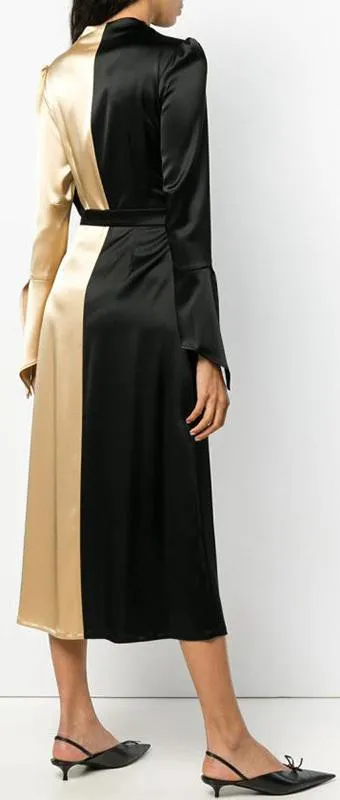 Color-Contrast Satin Wrap Dress