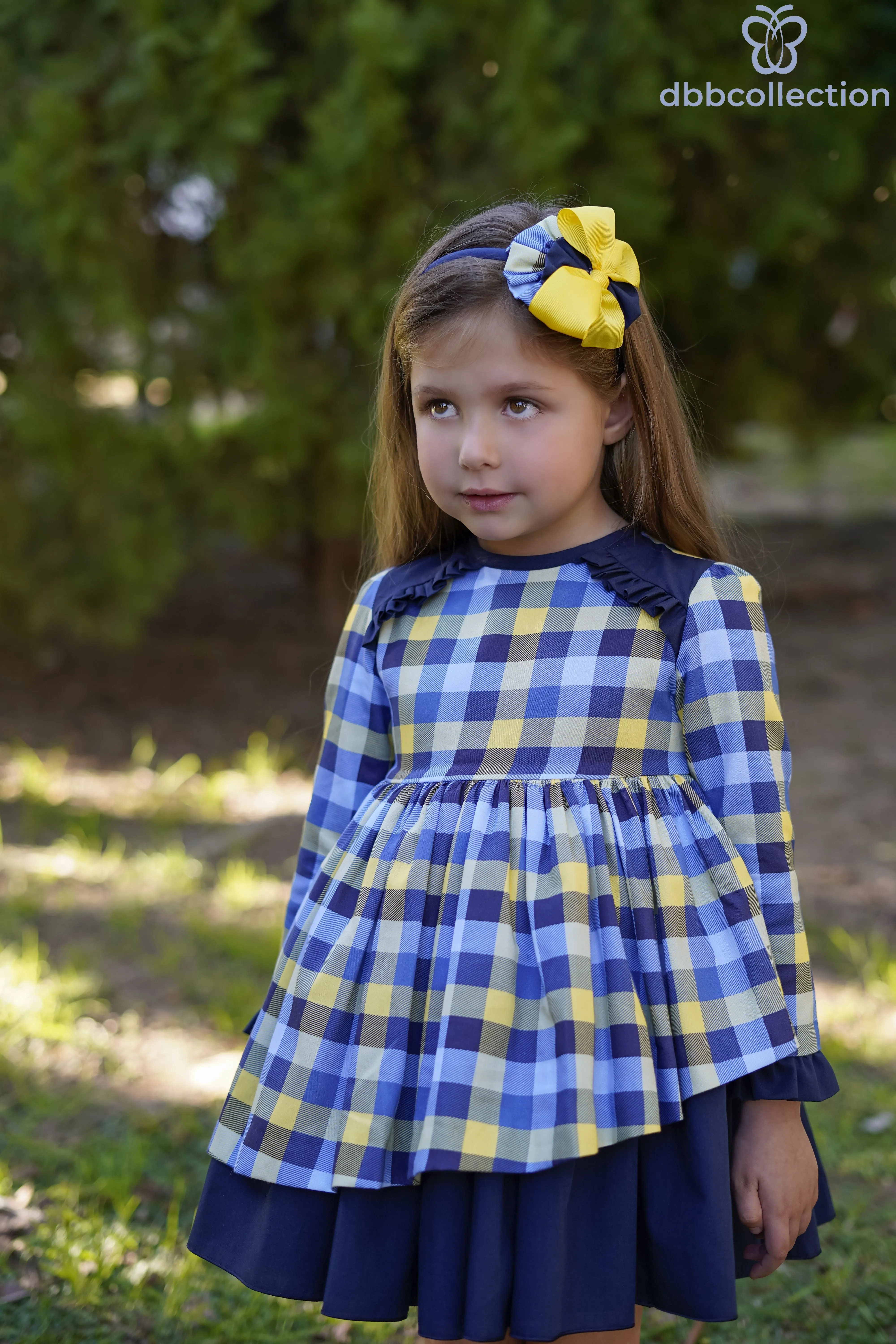 DBB Collection AW24 - Girls Blue, Yellow & White Check Dress & Headpiece