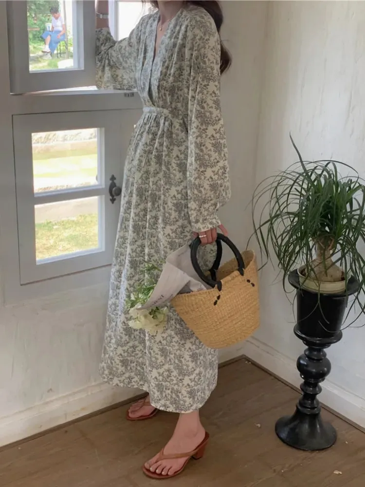 Joskka New  Chiffon Floral Printed High Waist Lace Up Korean Fashionable Elegant Vintage Women Spring Summer Long Dresses