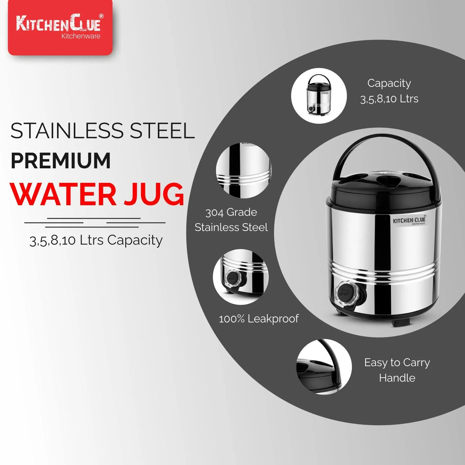 KITCHEN CLUE Hot and Cold Water Dispenser for Home Kitchen Office, 5 Liters-Silver, Double Walled PUF Insulated Stainless Steel Water Jug with Tap, Easy to Carry Handle, Durable & Sturdy