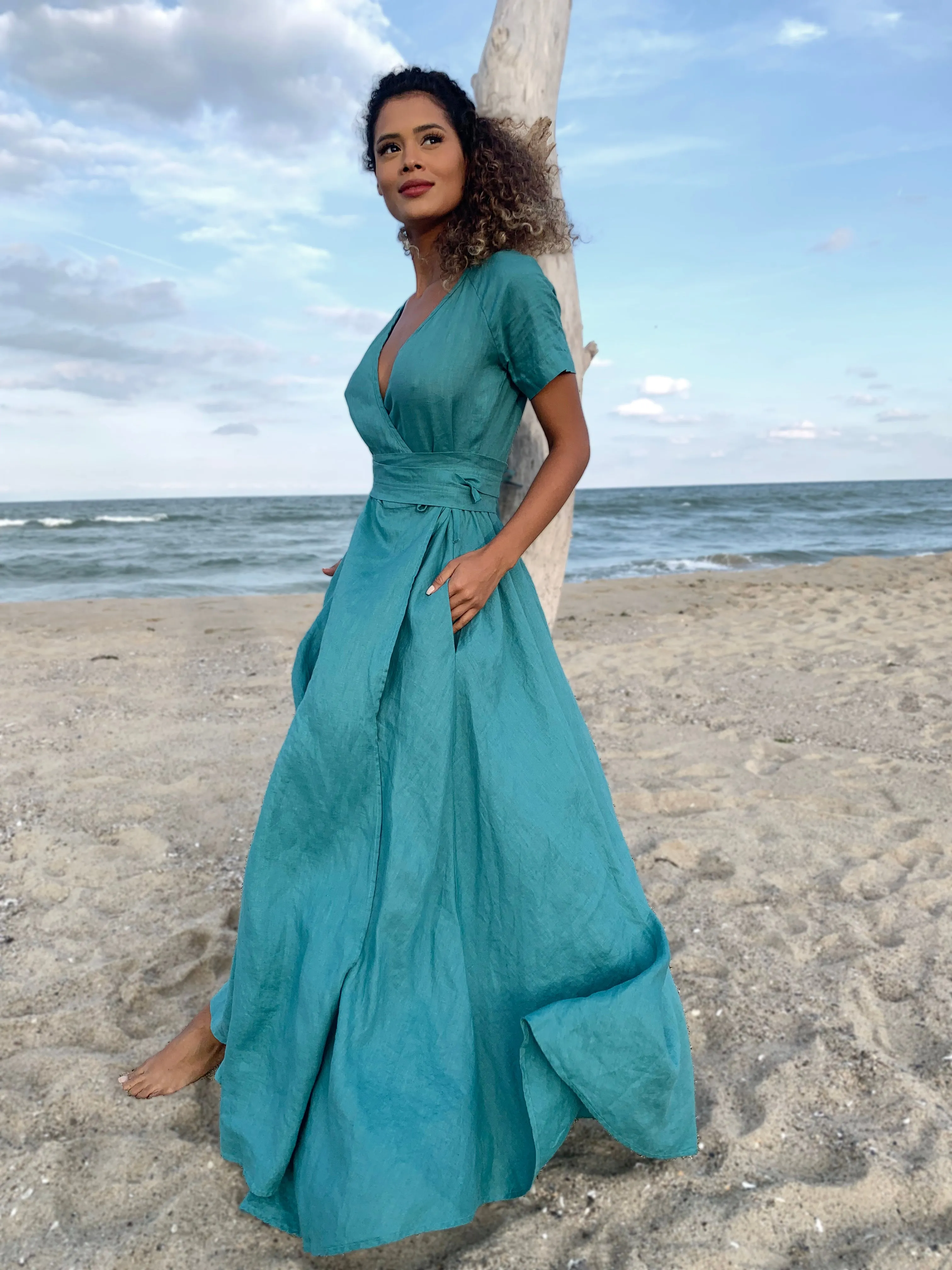 Maxi Linen Gown with Wrap Belt