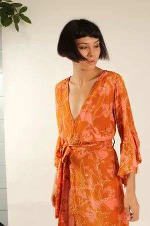 ORANGE FLOWER SILK WRAP DRESS