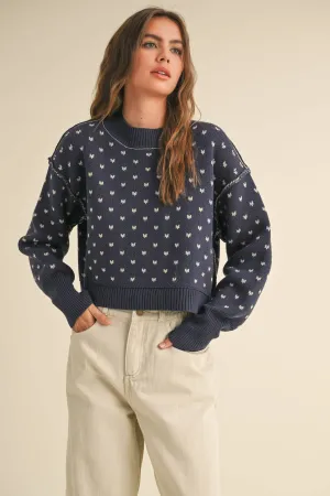 Patterned Crop Sweater Top - Navy