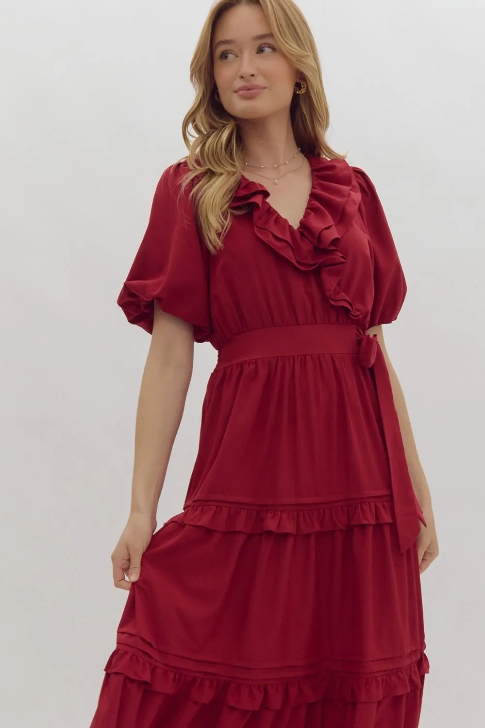 Solid Short Sleeve Faux Wrap Midi Dress