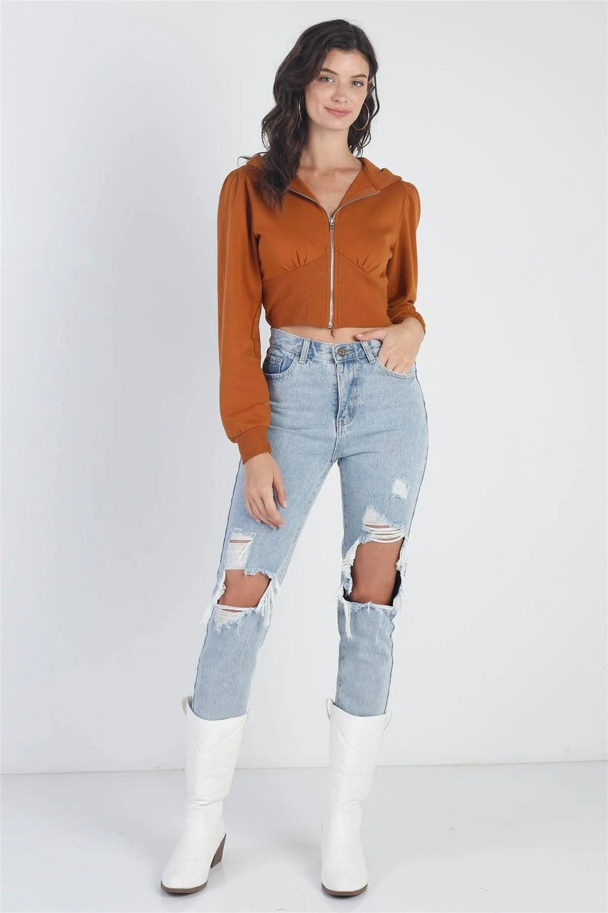 Tawny Zip-Up Hooded Long Sleeve Cropped Sweater /2-2-2
