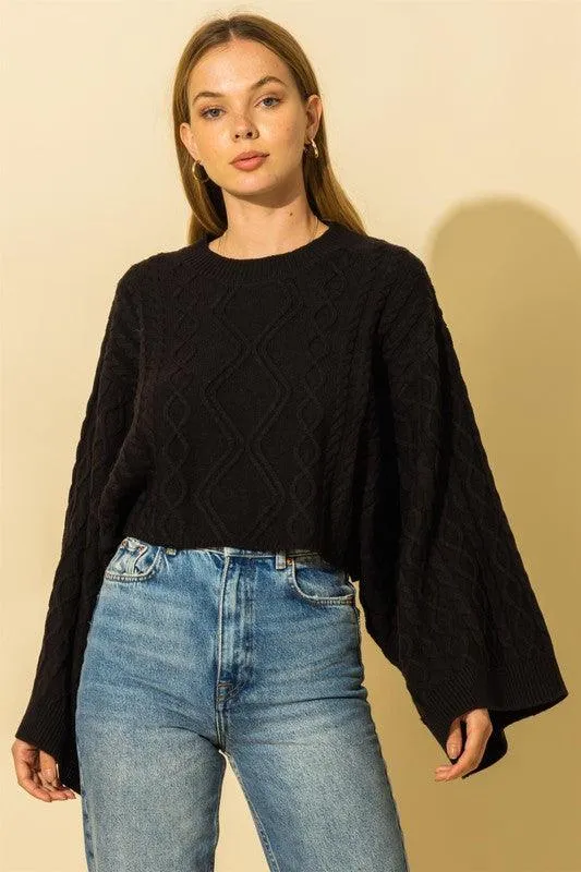 wide sleeve cable knit crop sweater