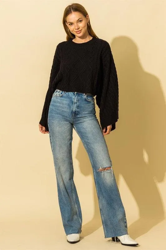 wide sleeve cable knit crop sweater
