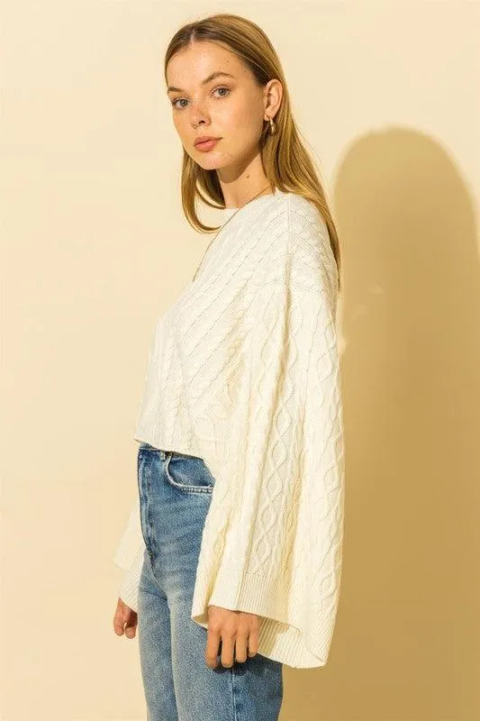 wide sleeve cable knit crop sweater