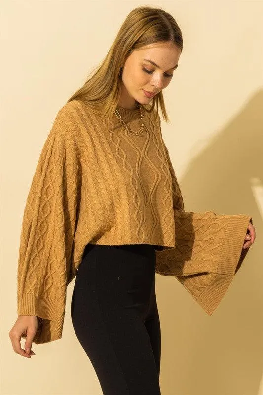 wide sleeve cable knit crop sweater