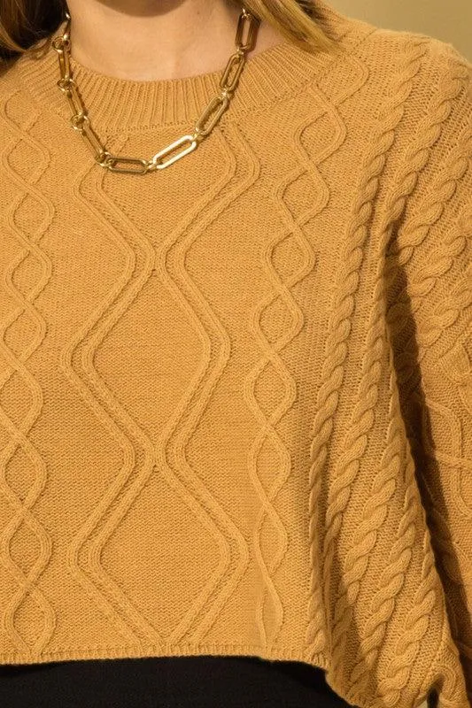 wide sleeve cable knit crop sweater