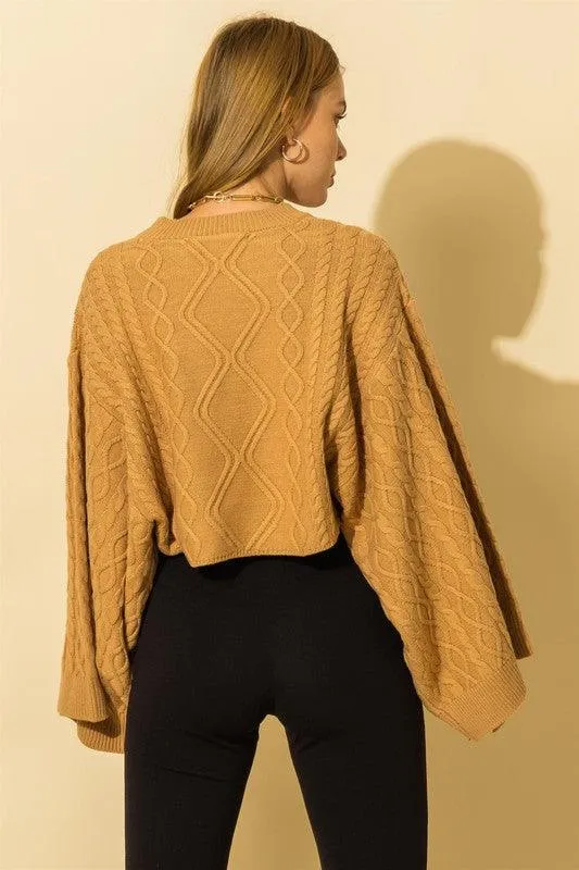 wide sleeve cable knit crop sweater