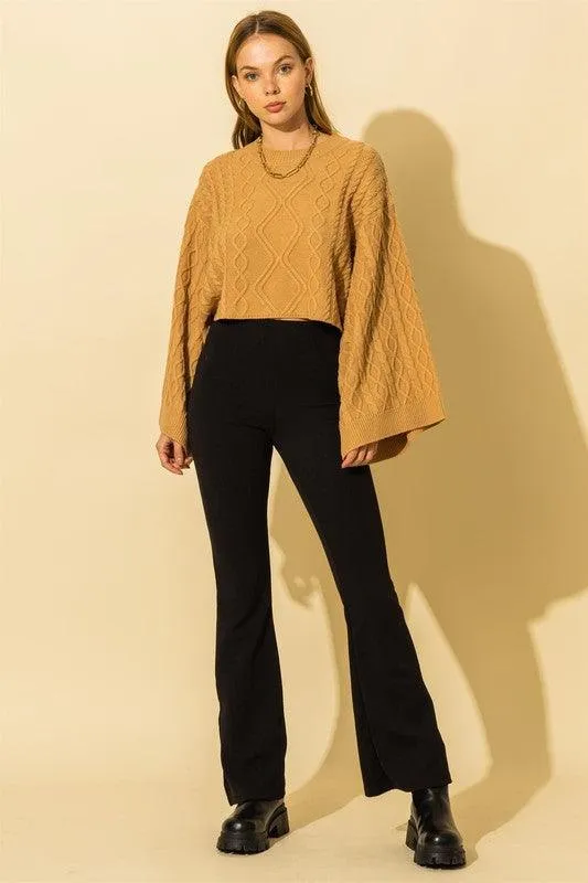 wide sleeve cable knit crop sweater