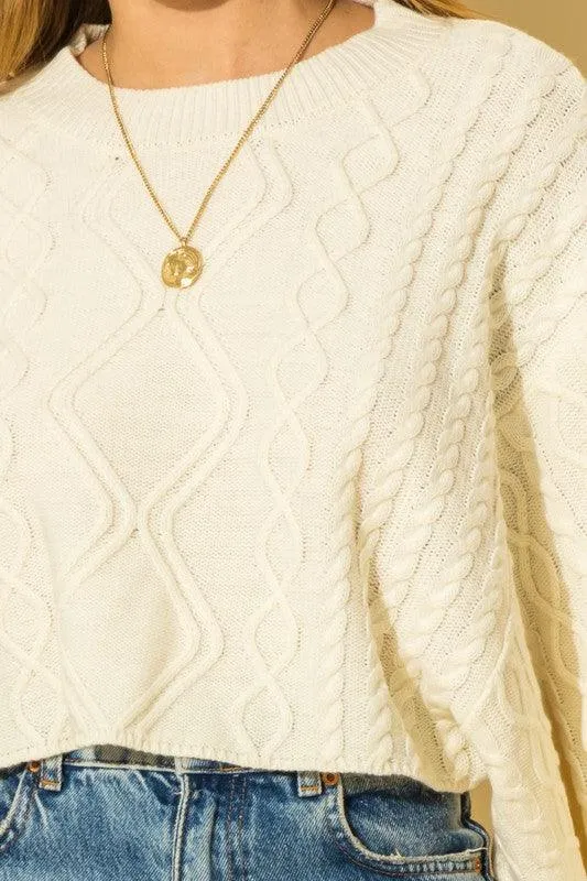 wide sleeve cable knit crop sweater