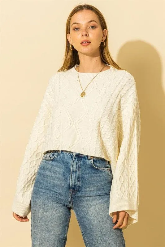 wide sleeve cable knit crop sweater