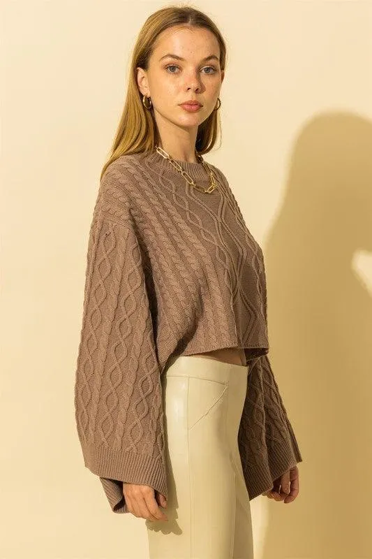 wide sleeve cable knit crop sweater