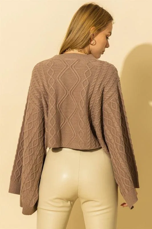 wide sleeve cable knit crop sweater