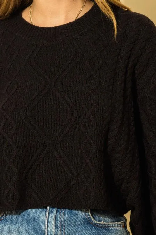 wide sleeve cable knit crop sweater