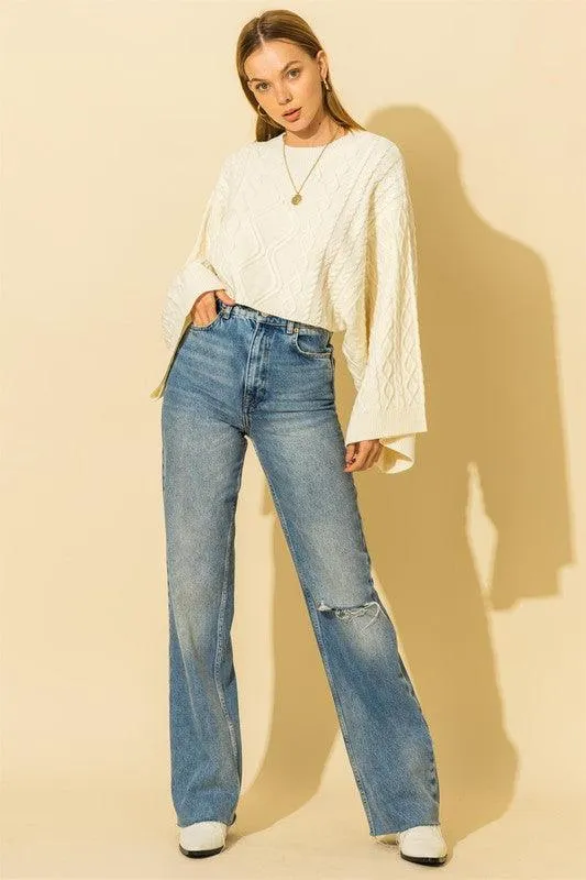 wide sleeve cable knit crop sweater