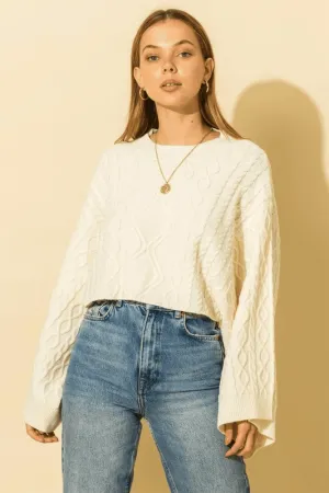 wide sleeve cable knit crop sweater