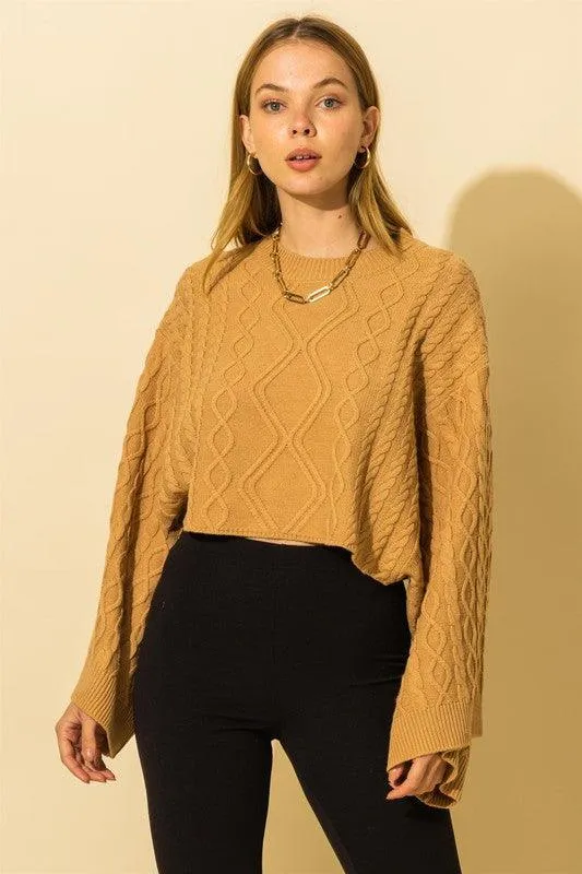wide sleeve cable knit crop sweater